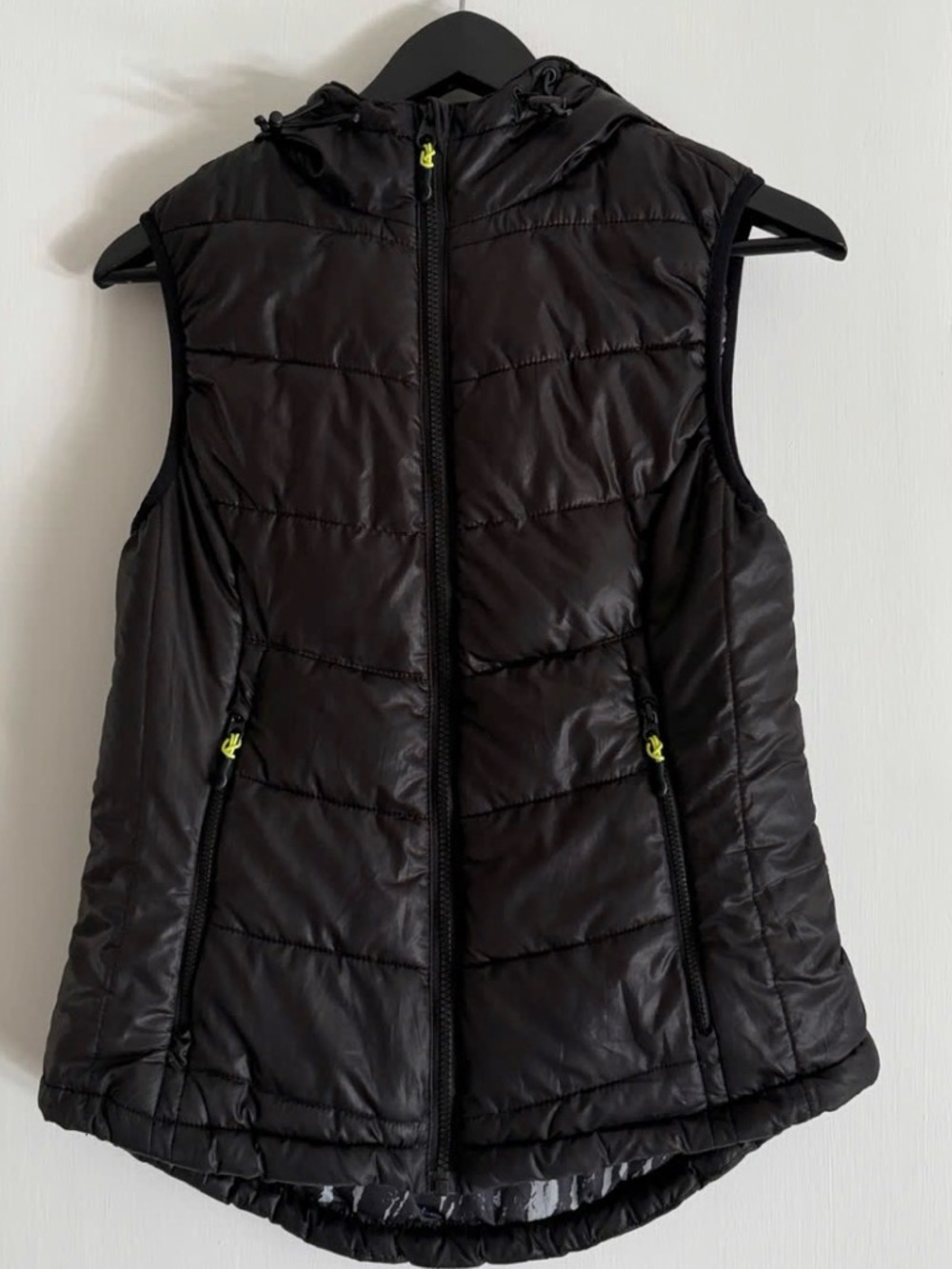 H&M Black Quilted Hooded Puffer Vest with Neon Accents